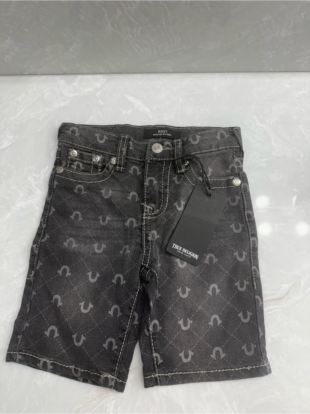 True Religion Black/Gray Kids Logo Denim Shorts